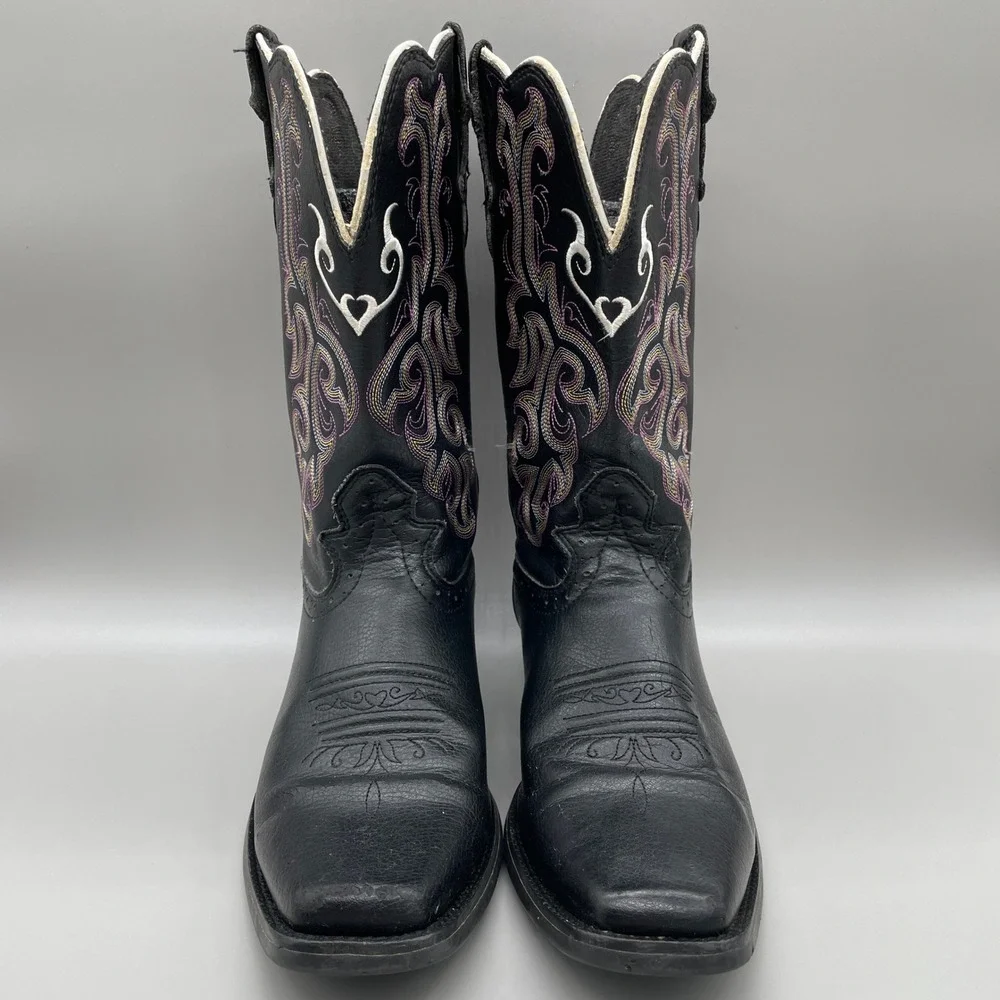 Justin Stampede Western Cowboy Boots Kids 3.5D Black Purple Heart Square Toe